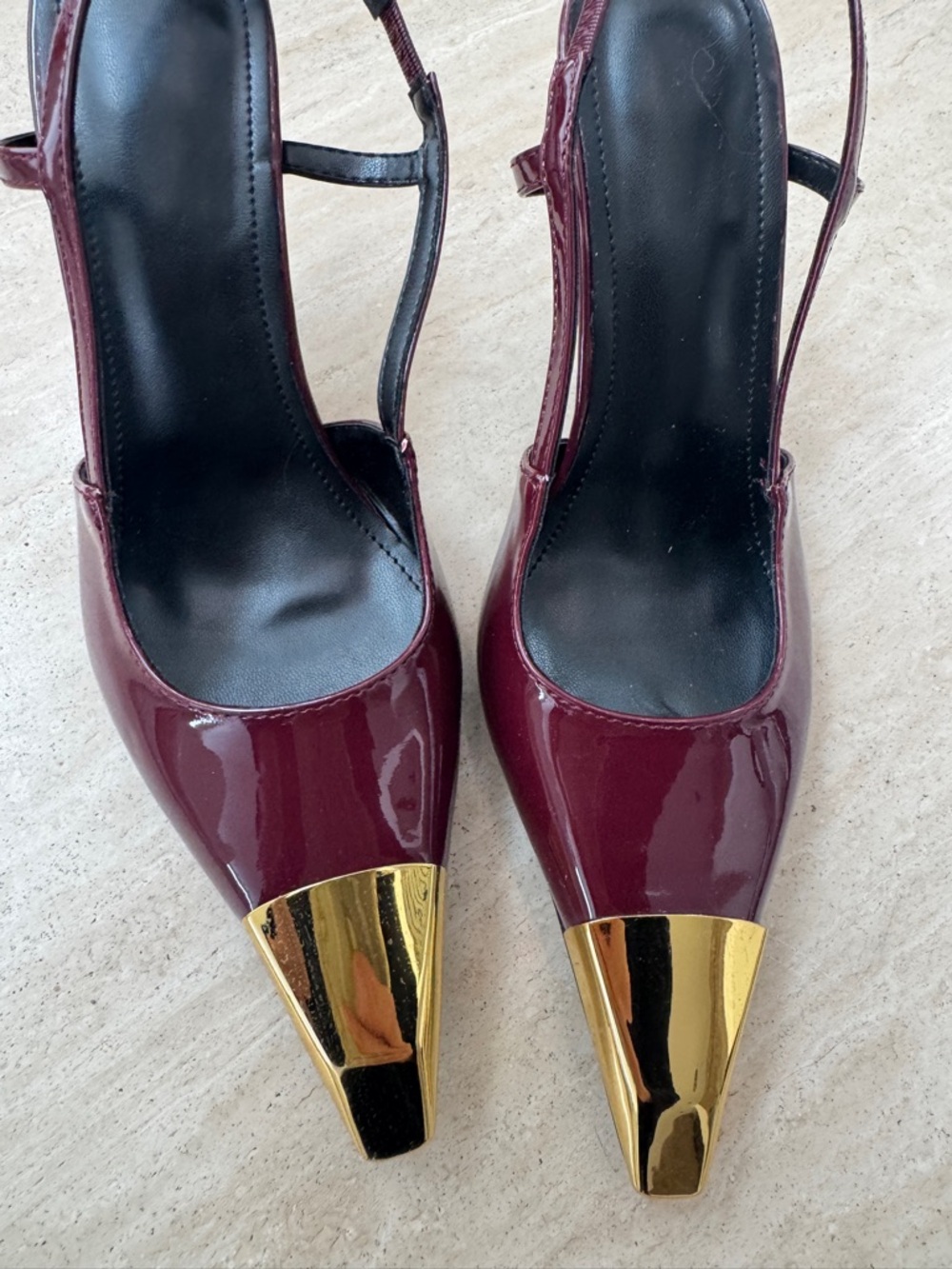 Women's Burgundy Patent Slingback Heels with Gold Cap Toe